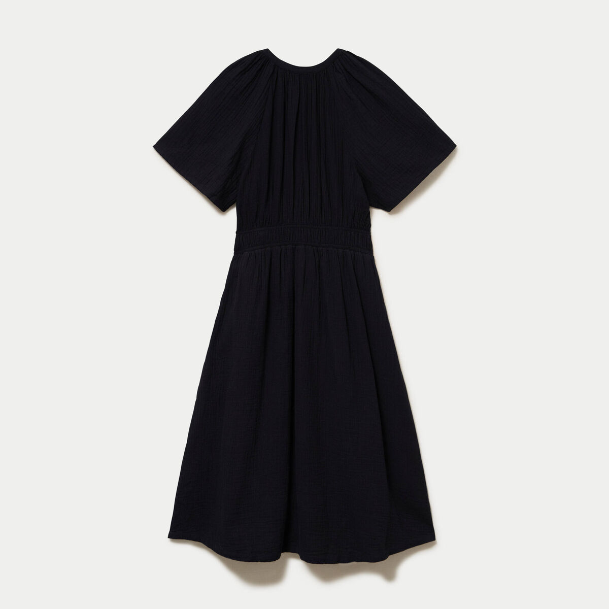 Robe midi pliss&eacute;e col v manches courtes noir femme
