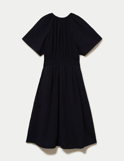 Robe midi pliss&eacute;e col v manches courtes noir femme