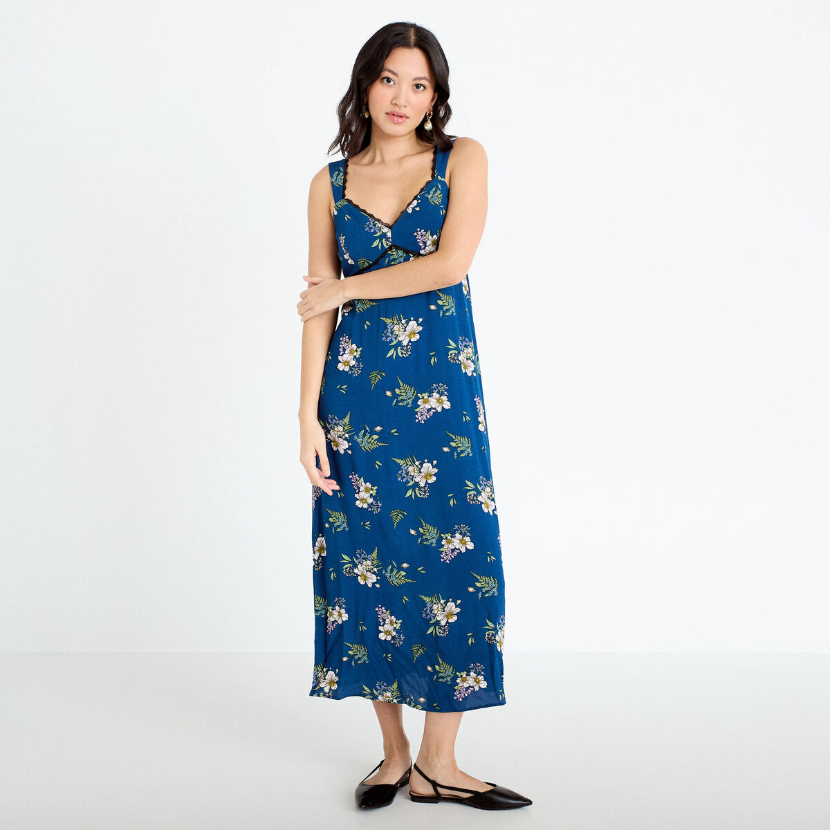 Robe longue &eacute;vas&eacute;e col coeur Bridgerton bleu fonc&eacute; femme