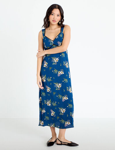 Robe longue &eacute;vas&eacute;e col coeur Bridgerton bleu fonc&eacute; femme