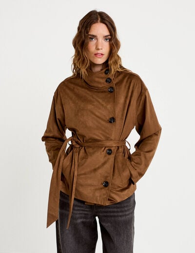 Caban droit col montant aspect daim marron femme