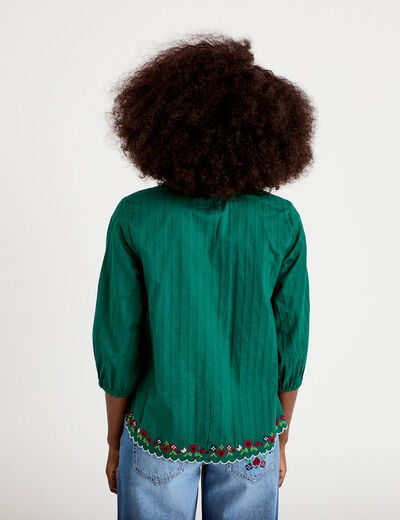 Blouse broderie col v manches 3/4 vert fonc&eacute; femme
