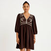 Robe droite courte col v manches 3/4 marron fonc&eacute; femme