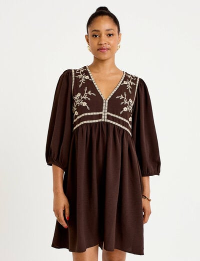 Robe droite courte col v manches 3/4 marron fonc&eacute; femme