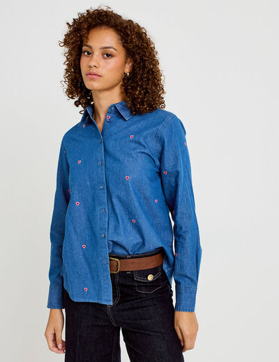 Chemise droite en jean col am&eacute;ricain denim stone femme