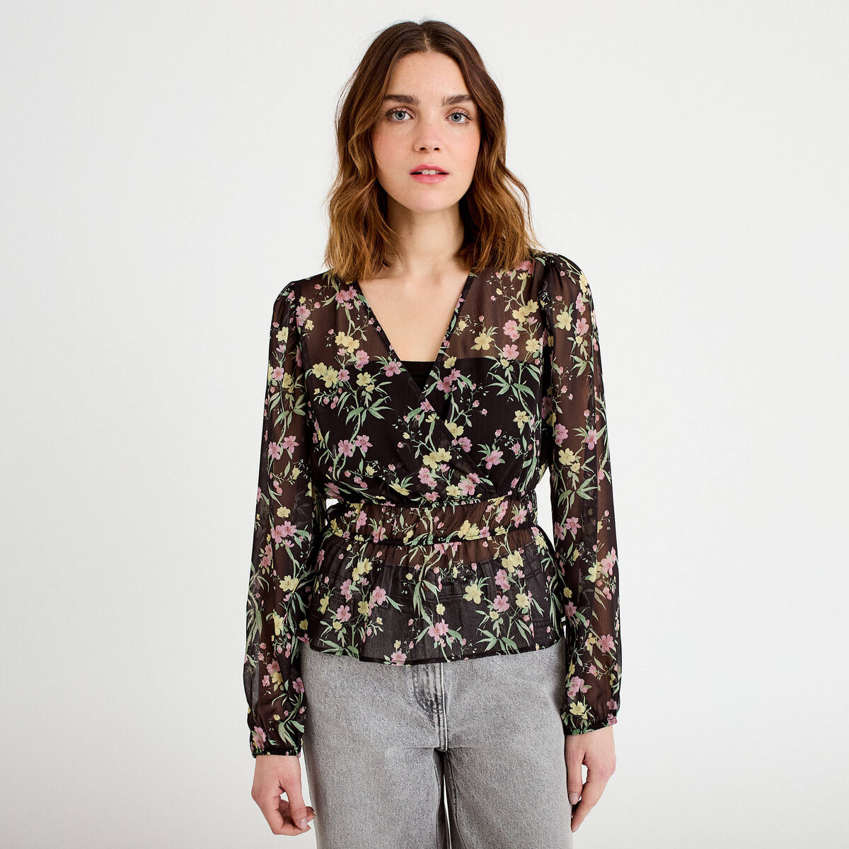 Blouse cintr&eacute;e col v manches longues noir femme