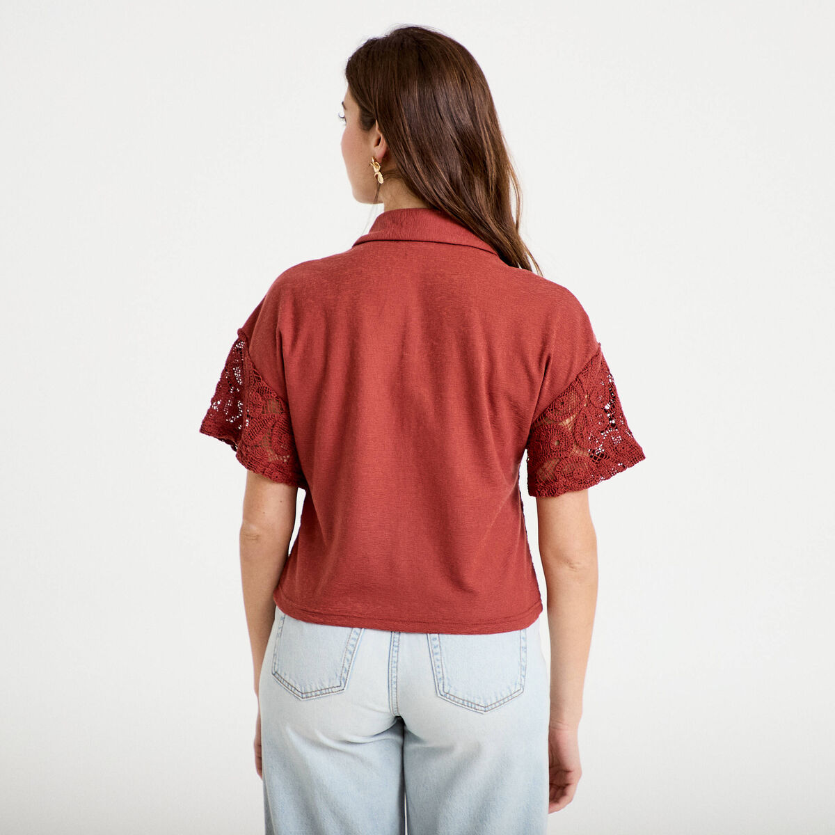 Chemise macram&eacute; manches courtes vieux rose femme