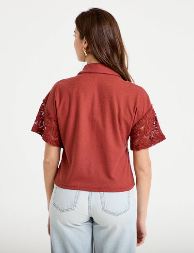 Chemise macram&eacute; manches courtes vieux rose femme