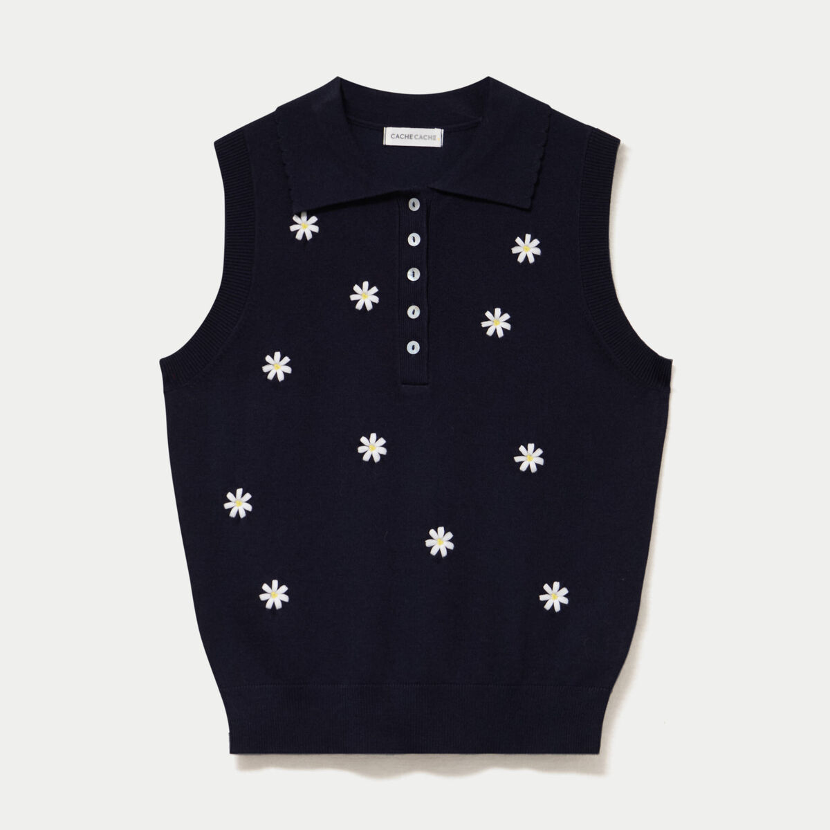 Polo sans manches col chemise brod&eacute; bleu marine femme