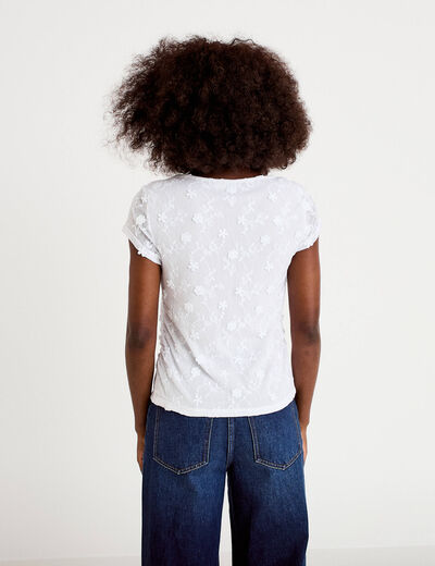 T-shirt ajust&eacute; col rond dentelle blanc femme