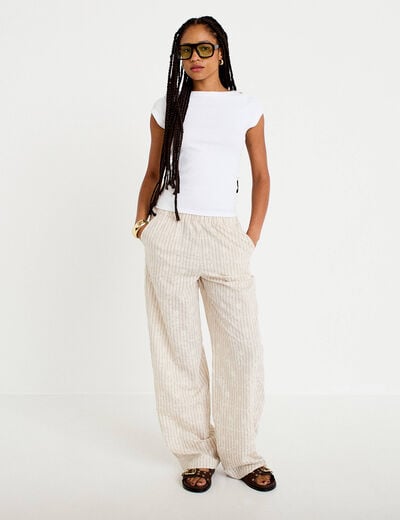 Pantalon large taille haute en velours creme femme