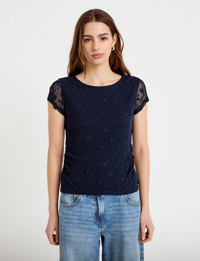 T-shirt ajust&eacute; col rond dentelle bleu marine femme