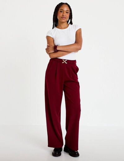 Pantalon large ceinture bijou bordeaux femme
