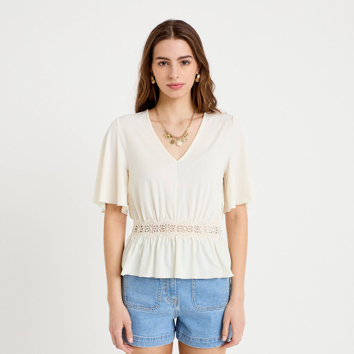 Blouse col v manches courtes ecru femme