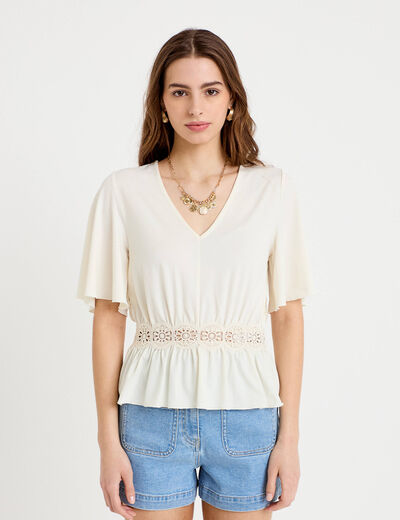 Blouse col v manches courtes ecru femme