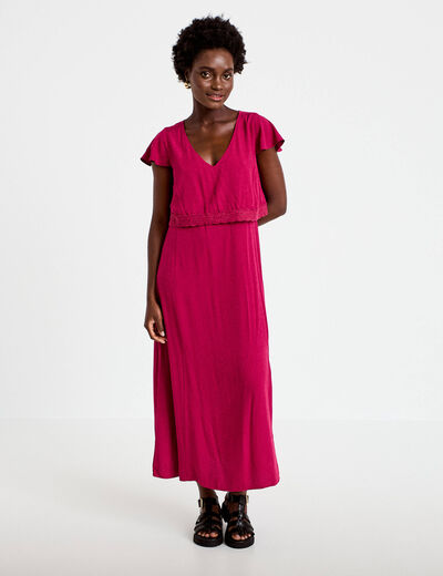 Robe longue droite col v manches courtes rouge femme