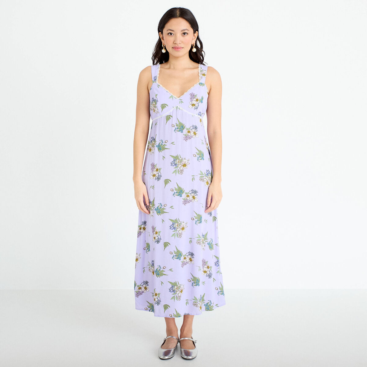 Robe longue &eacute;vas&eacute;e col coeur Bridgerton violet clair femme