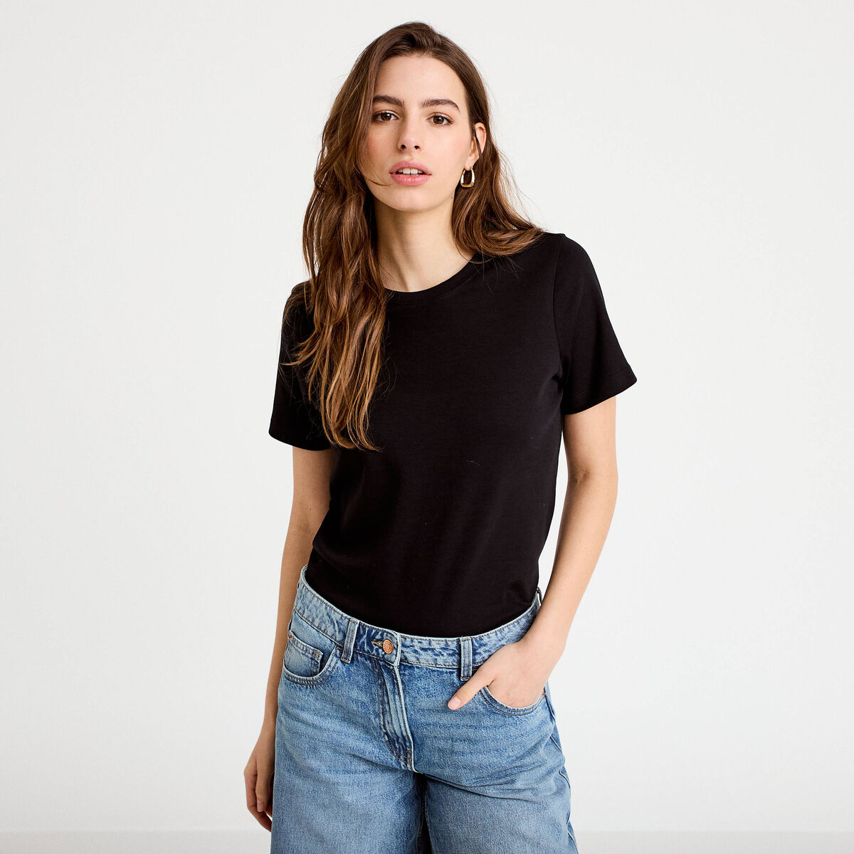 T-shirt col rond manches courtes noir femme
