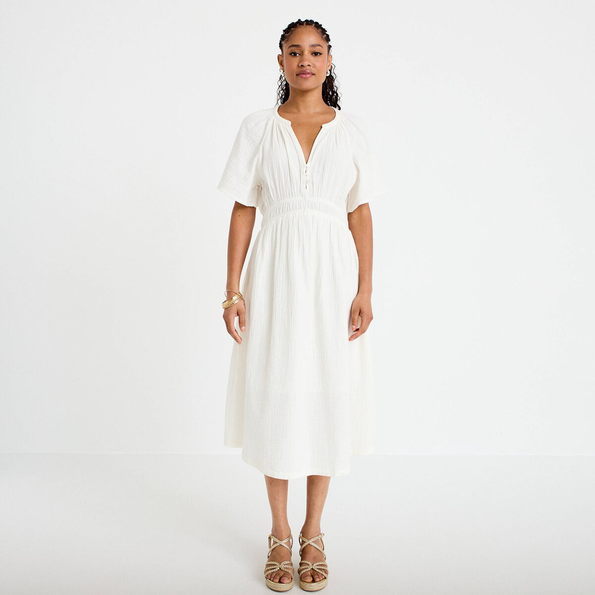 Robe midi pliss&eacute;e col v manches courtes blanc femme