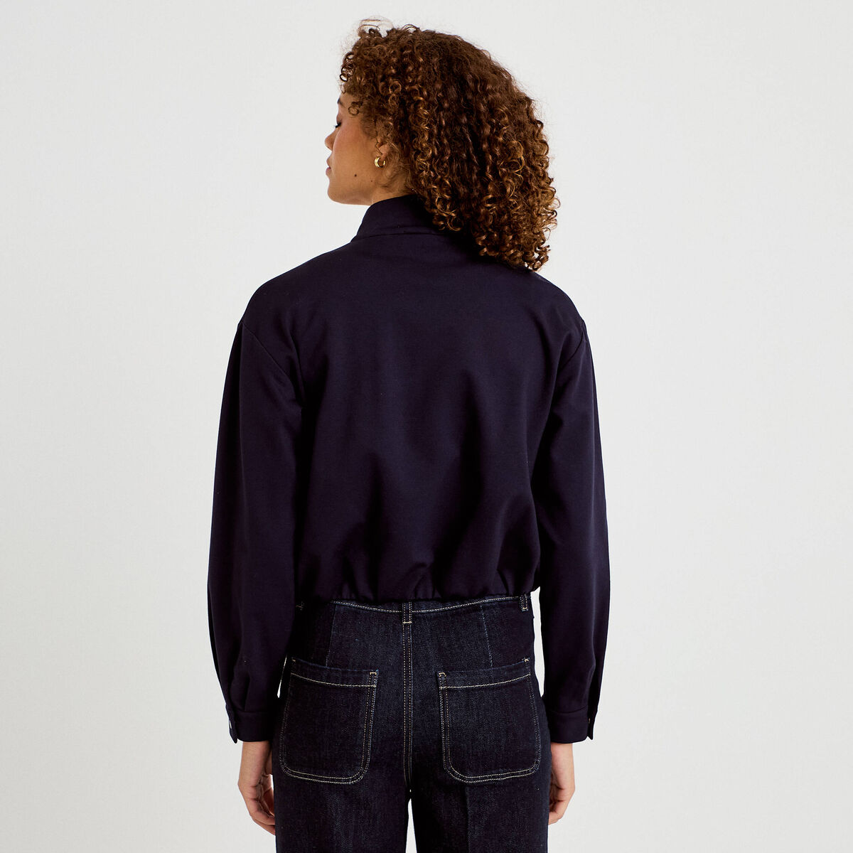 Veste cropped bas resserr&eacute; bleu marine femme