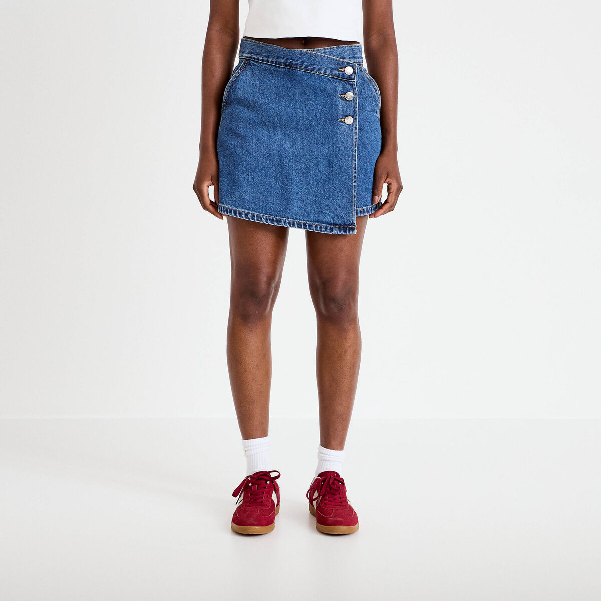 Jupe-short droite en jean denim stone femme