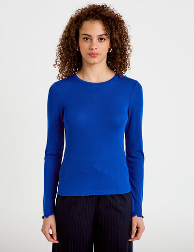 T-shirt ajust&eacute; col rond manches longues bleu electrique femme