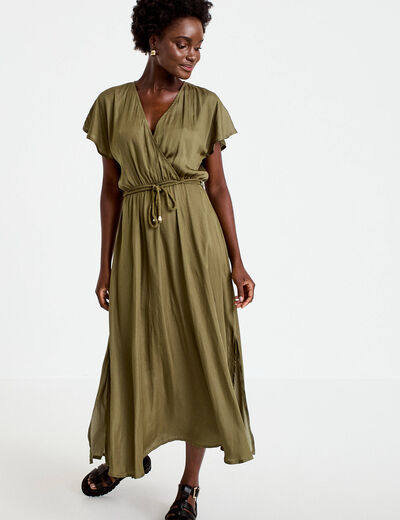 Robe longue &eacute;vas&eacute;e col v satin&eacute;e vert kaki femme