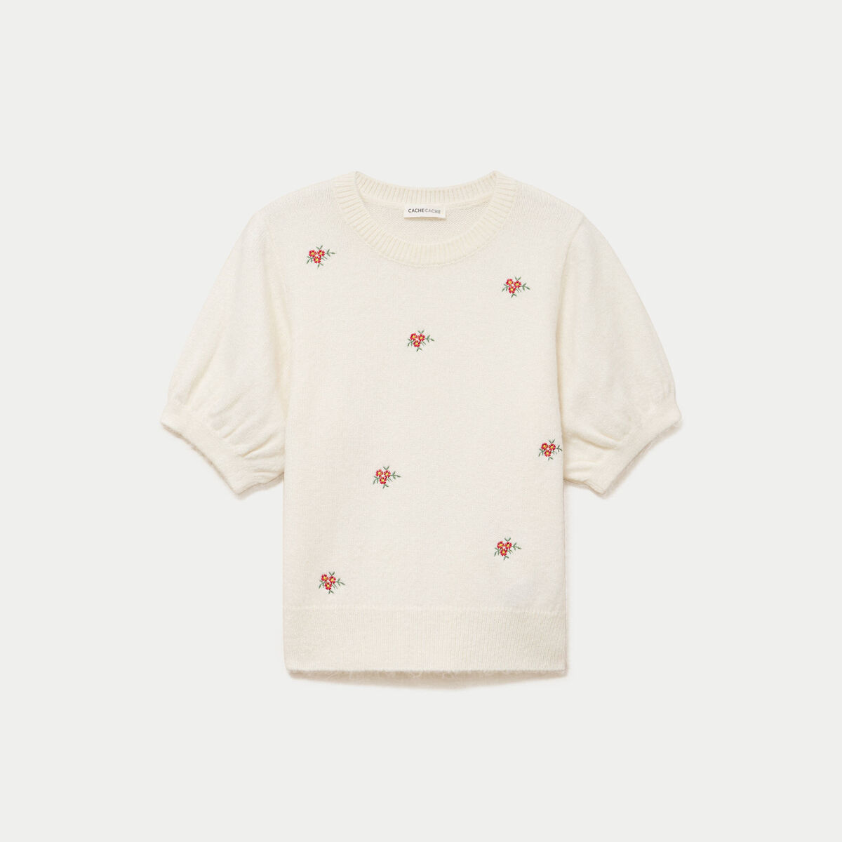 Pull col rond manches courtes brod&eacute; ecru femme