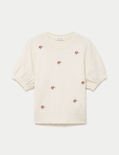 Pull col rond manches courtes brod&eacute; ecru femme