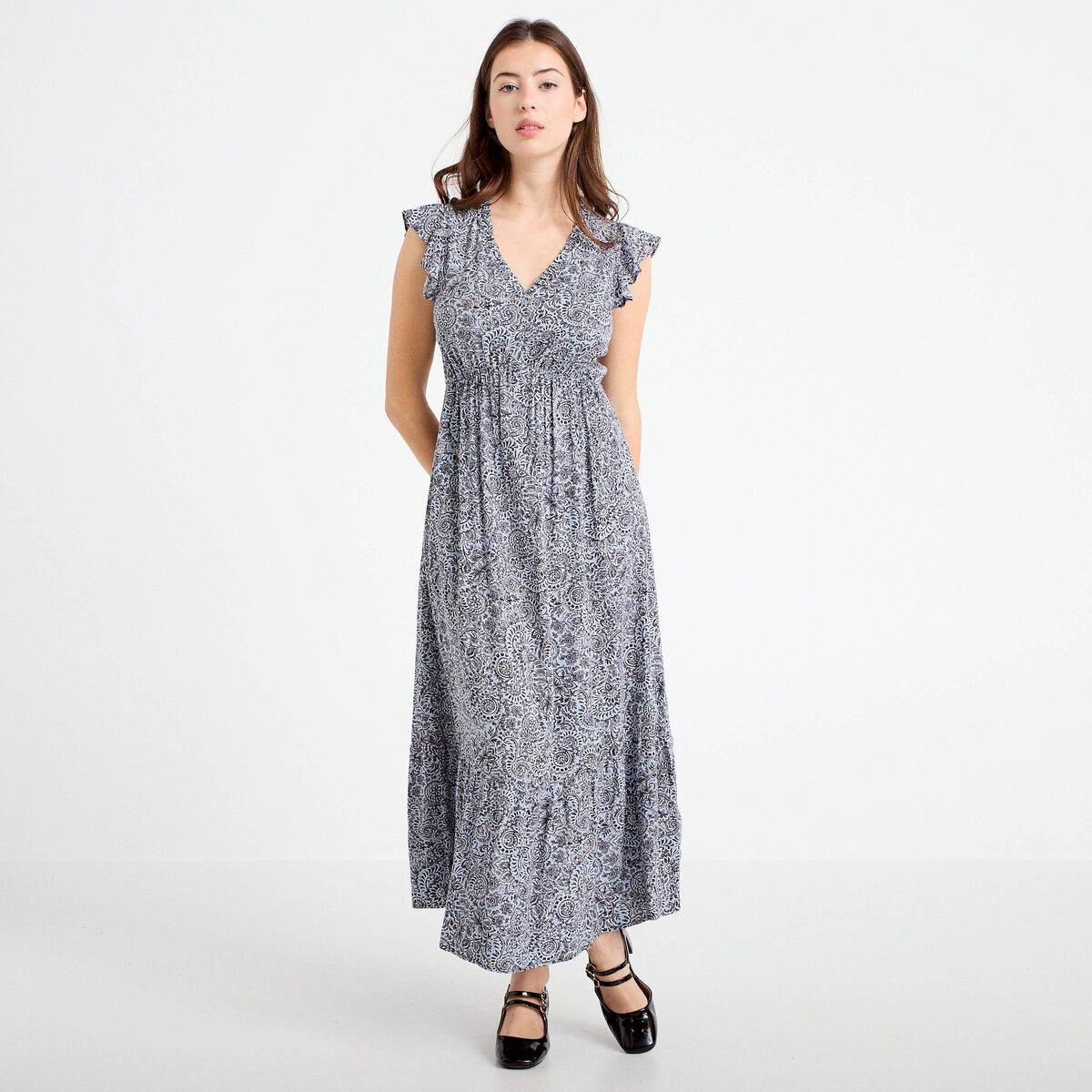 Robe longue &eacute;vas&eacute;e col v manches courtes bleu femme
