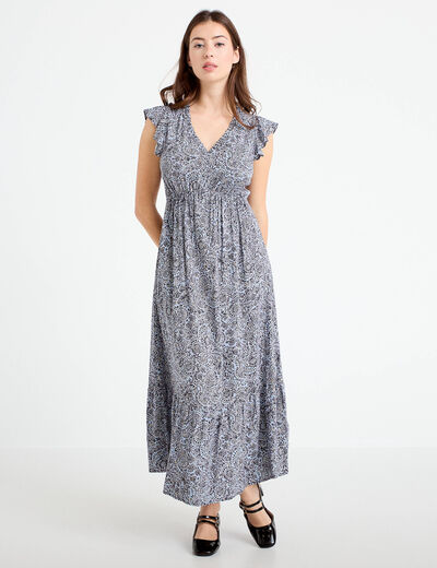 Robe longue &eacute;vas&eacute;e col v manches courtes bleu femme