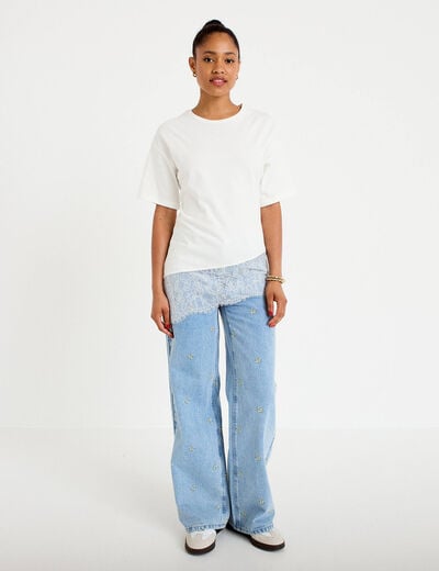 T-shirt oversize longue dentelle ecru femme