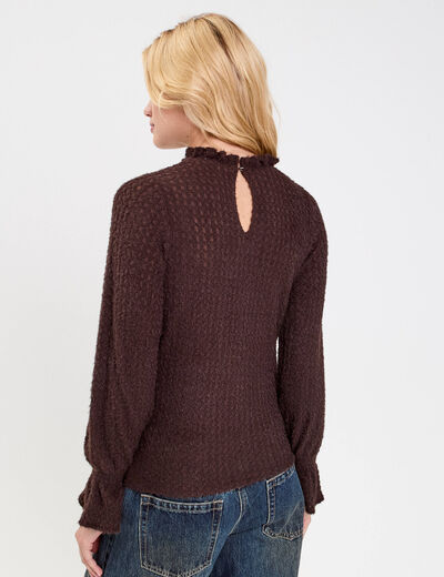 Blouse ajour&eacute;e manches longues marron fonc&eacute; femme
