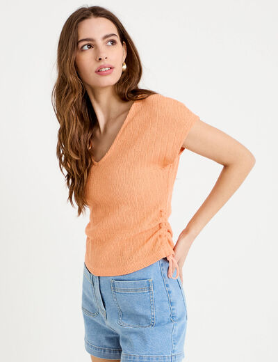 T-shirt ajour&eacute; d&eacute;tails cordons rose saumon femme