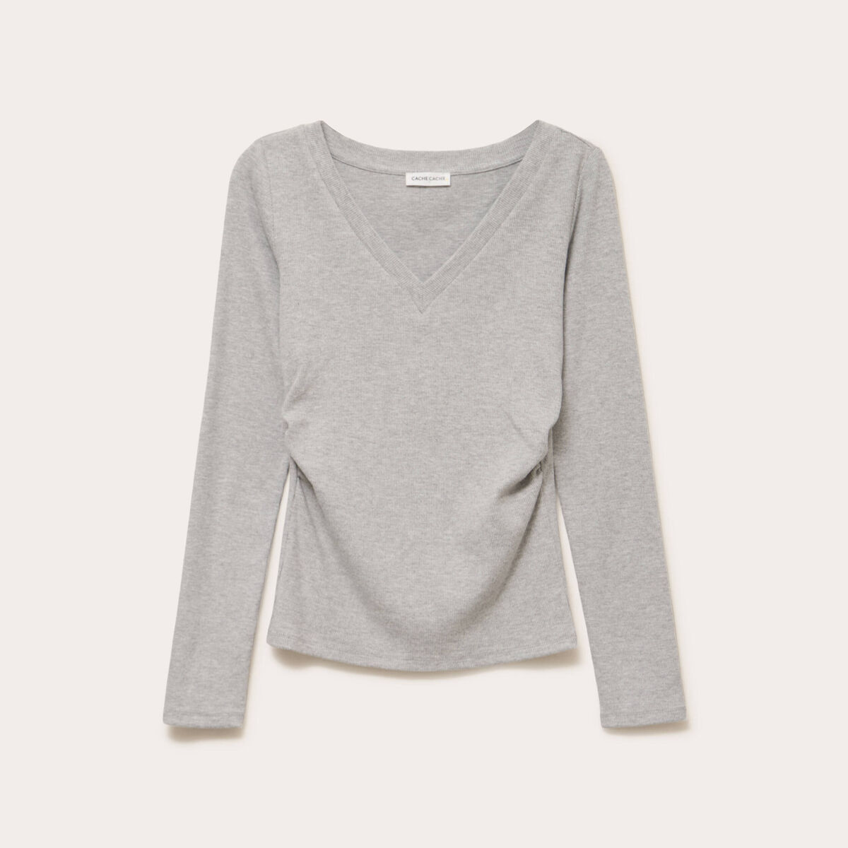 Top ajust&eacute; col v manches longues gris clair femme