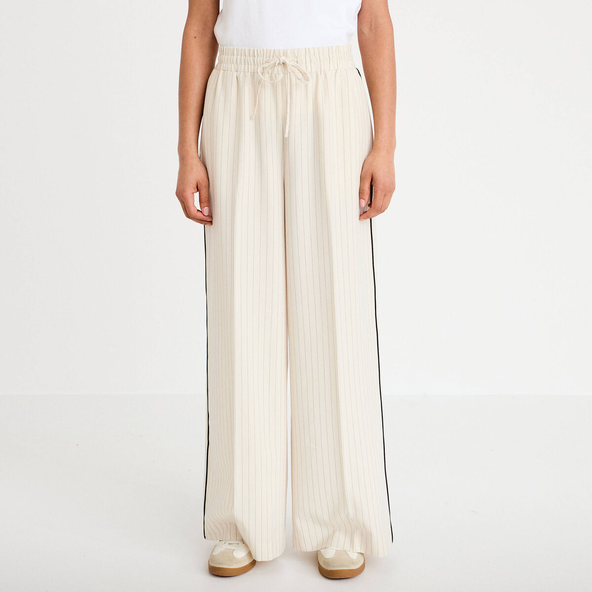 Pantalon large taille &eacute;lastiqu&eacute;e blanc femme