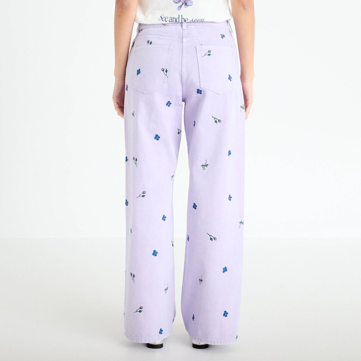Jean wide leg brod&eacute; Bridgerton mauve femme