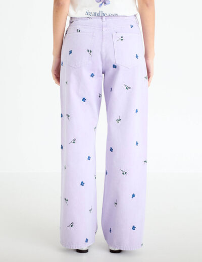 Jean wide leg brod&eacute; Bridgerton mauve femme