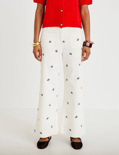 Pantalon wide leg taille haute velours blanc femme