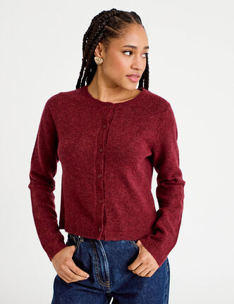 Gilet boutonn&eacute; manches longues rouge fonc&eacute; femme