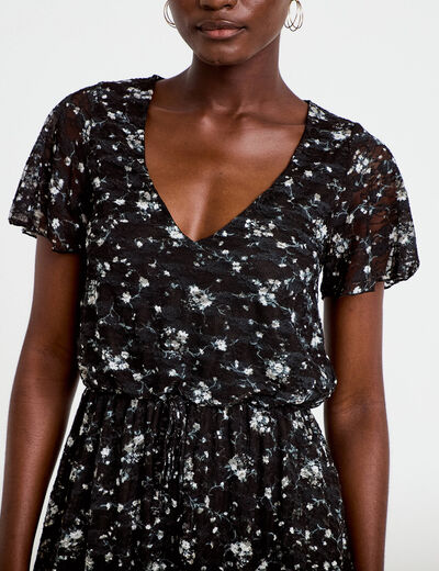 Robe courte &eacute;vas&eacute;e en dentelle col v noir femme