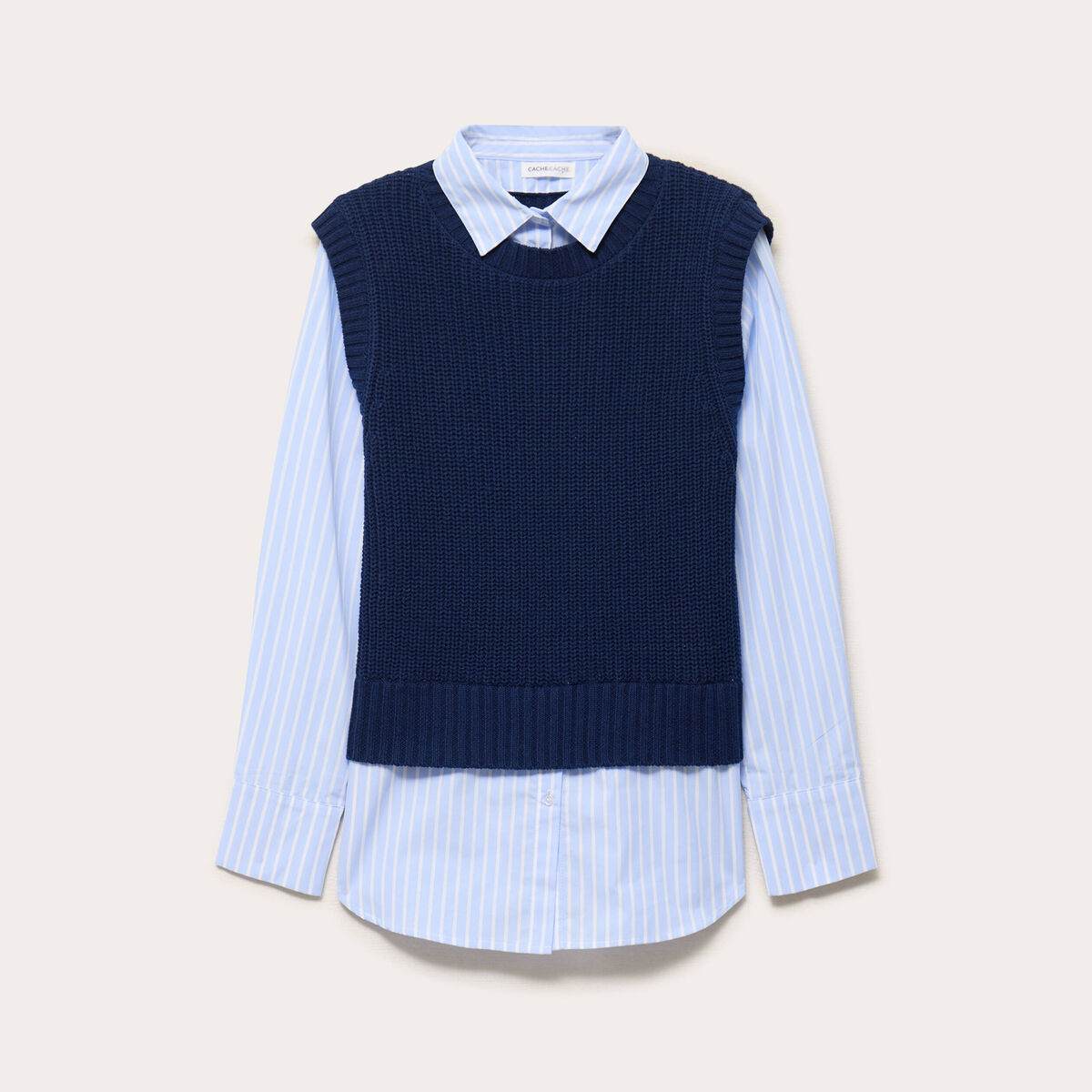 Pull chemise 2-en-1 bleu marine femme