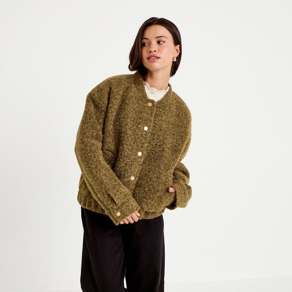Bomber oversize manches longues vert kaki femme