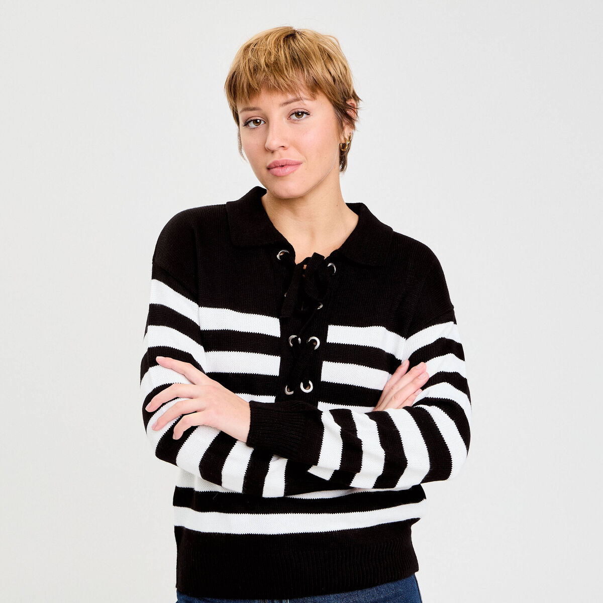 Pull col chemise manches longues noir femme