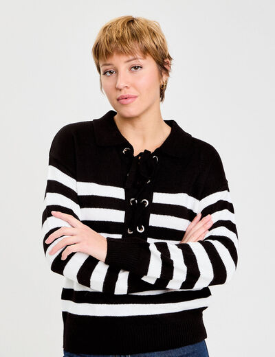 Pull col chemise manches longues noir femme