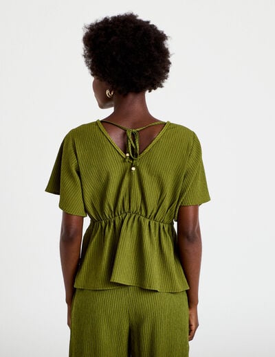 Blouse pliss&eacute;e col v manches courtes vert kaki femme