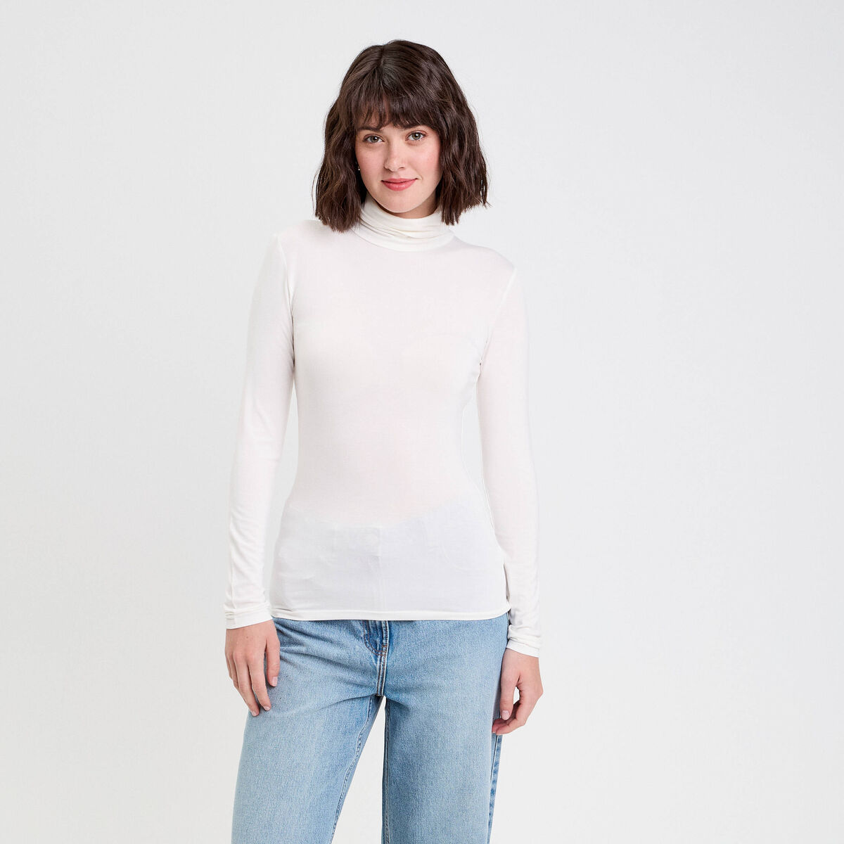 T-shirt uni &agrave; manches longues ecru femme