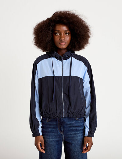 Veste cropped &agrave; capuche manches longues bleu marine femme