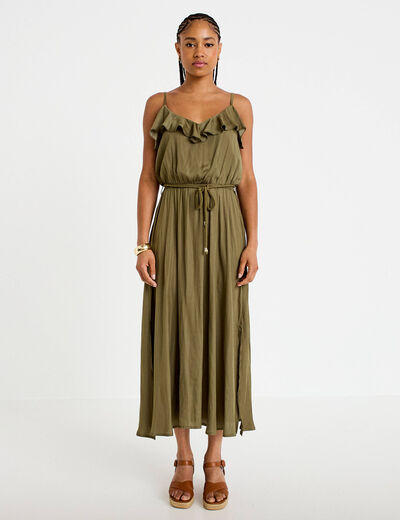 Robe longue &eacute;vas&eacute;e col v bretelles vert kaki femme