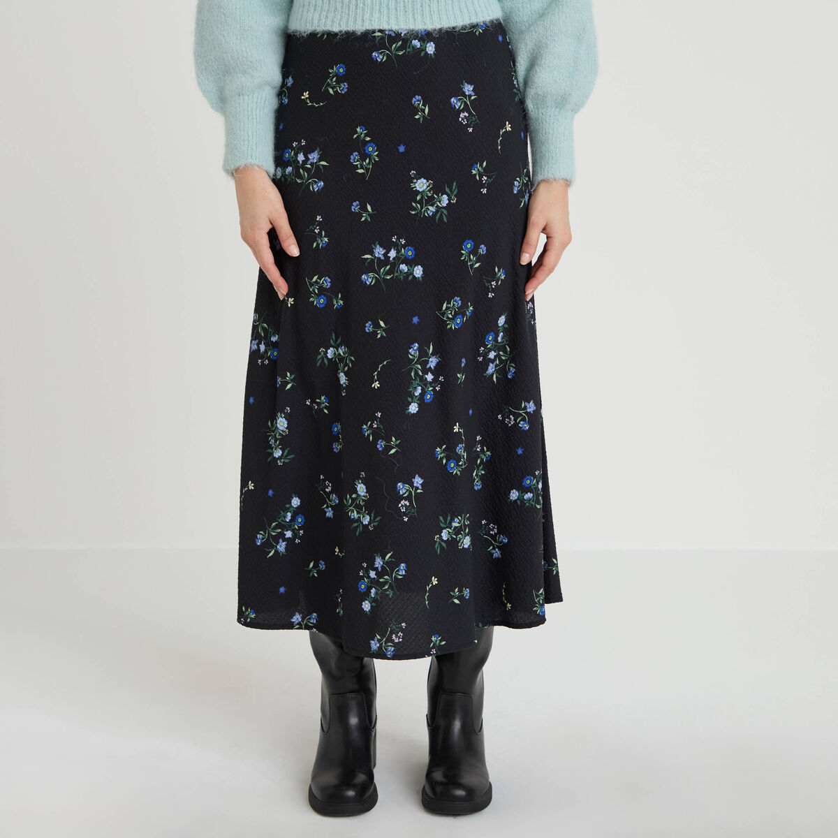 Jupe &eacute;vas&eacute;e longueur 3/4 noir femme
